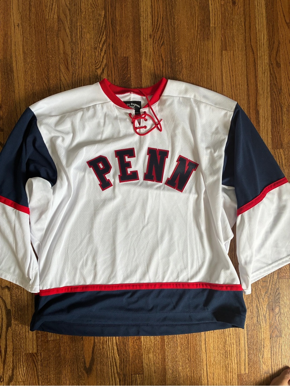 Penn Men's White & Navy Hockey Jersey with Red Trim